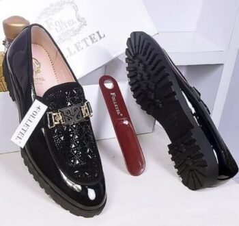 MEN'S BLACK SHINING STONE LEATHER SHOES DEFANDE FULLYBOXED